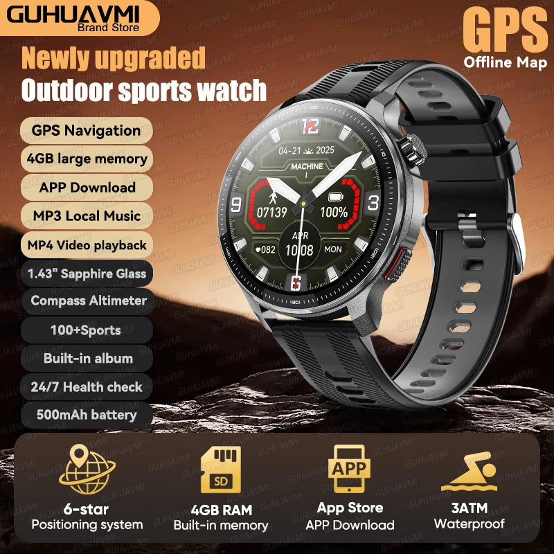Newly T-Rex3 Ultra 4GB Memory GPS Sports Smart Watch Offline Map 1.43" AMOLED Display 3ATM Flash Charge Fitness Call Smartwatchs
