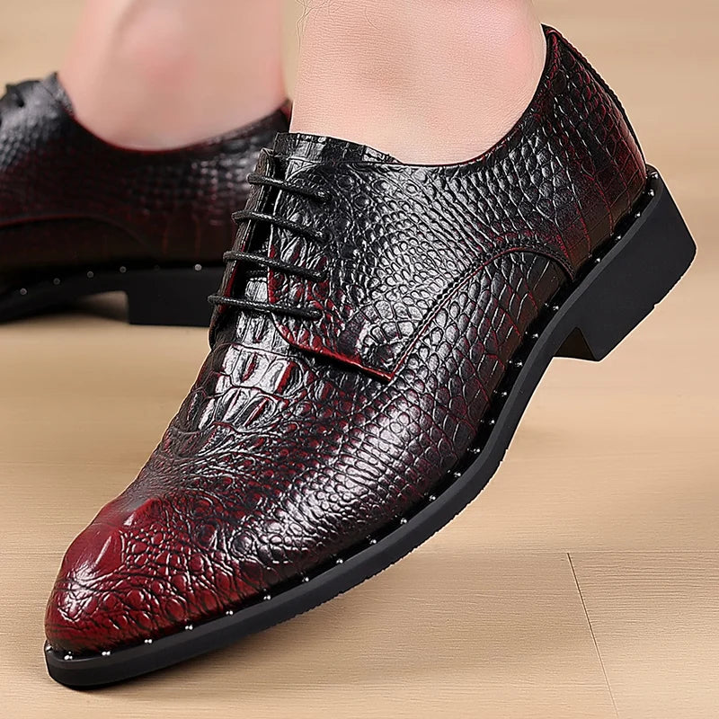 Men's Lace-Up Retro British-Style Casual Shoe Crocodile-Patterned Pointed Toe Formal Shoe Comfortable And Breathable Party Shoes