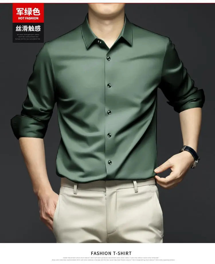 S-6XL Men's Long Sleeve Shirt Luxury Wrinkle Resistant Pure White Shirt Business Dress Casual Ice Silk Glossy Shirt