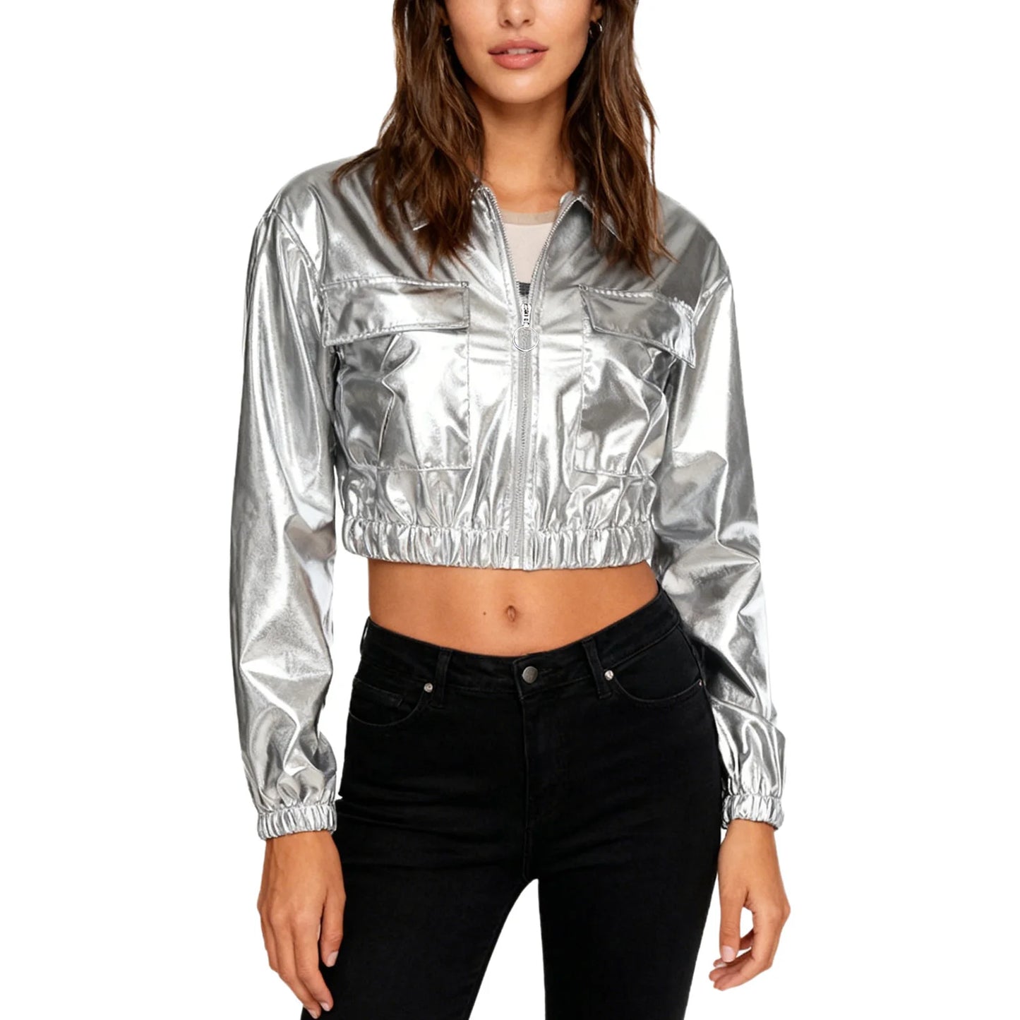Womens Metallic Shiny Cropped Jacket Lapel Long Sleeve Front Zipper Chest Flap Pockets Crop Outerwear Biker Motor Jacket Tops