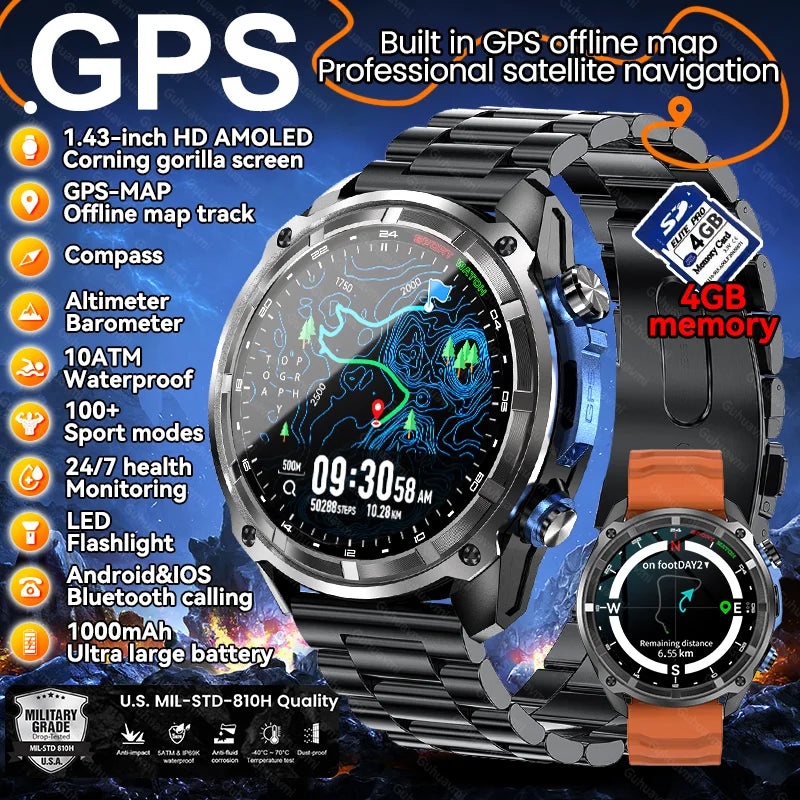 New Men GPS Offline Map Smart Watch Built-in GPS 4GB Memory HD Corning Gorilla Screen 10ATM Waterproof Bluetooth Call Smartwatch