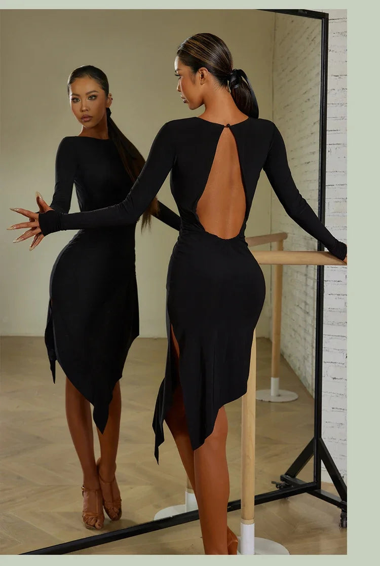 Women Black Long Sleeves Dress Adult Tango Dance Clothes Rumba Ballroom Dance Dress Practice Wear ZYM Latin Dance Dress