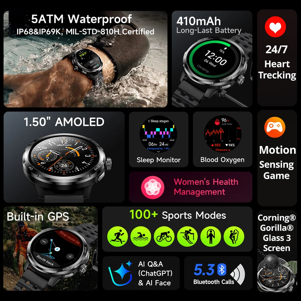 Ulefone Armor Watch Pro Smartwatch 1.5" AMOLED Display, Built-in GPS, Heart Rate Monitor, Sports Smart Watch for Men & Women
