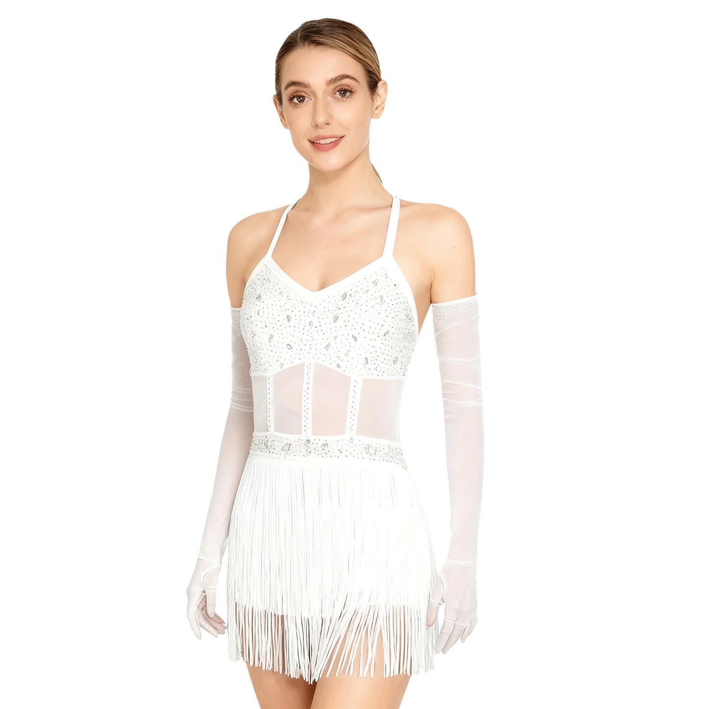 Womens Latin Dance Dress Sheer Mesh Patchwork Tiered Tassel Bodysuit Dress and Gloves for Tango Samba Dance Ballroom Dancewear