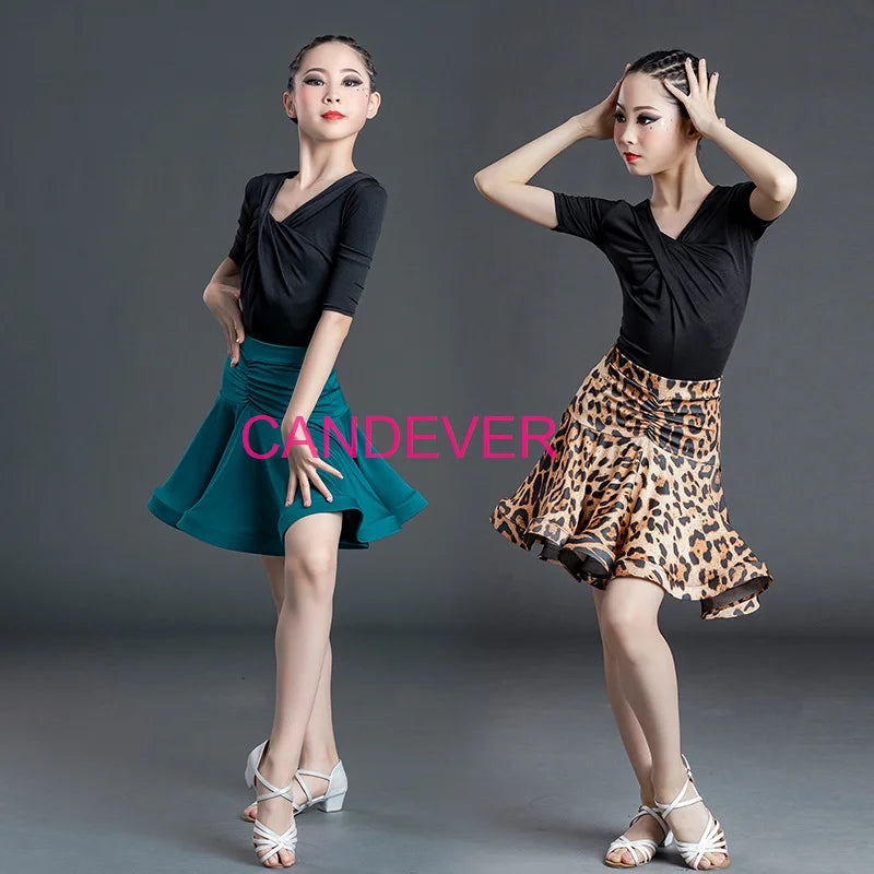 sexy Latin Dance Costume For Girls Ballroom Salsa Tango top Skirts Kids Child lace Leopard Latin Dance Split Dress Leotard Skirt