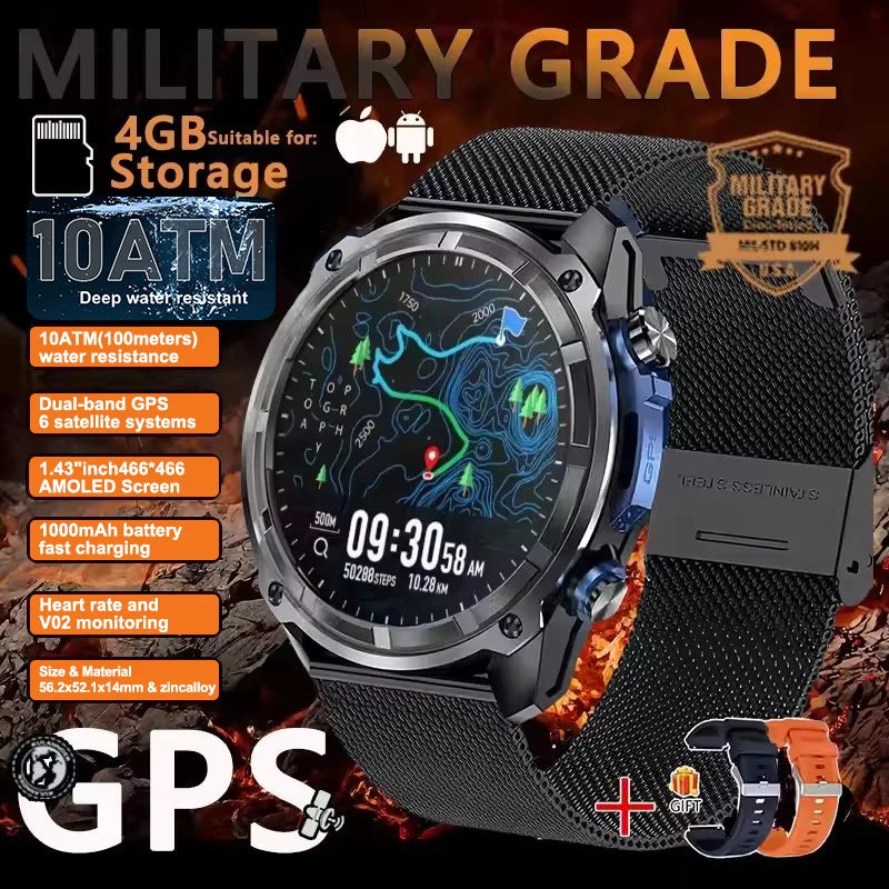 2025New Men Military GPS Map Smart Watch T-Rex3 Compass 4GB Memory 1000mAh Battery 10ATM Waterproof HD Bluetooth Call Smartwatch