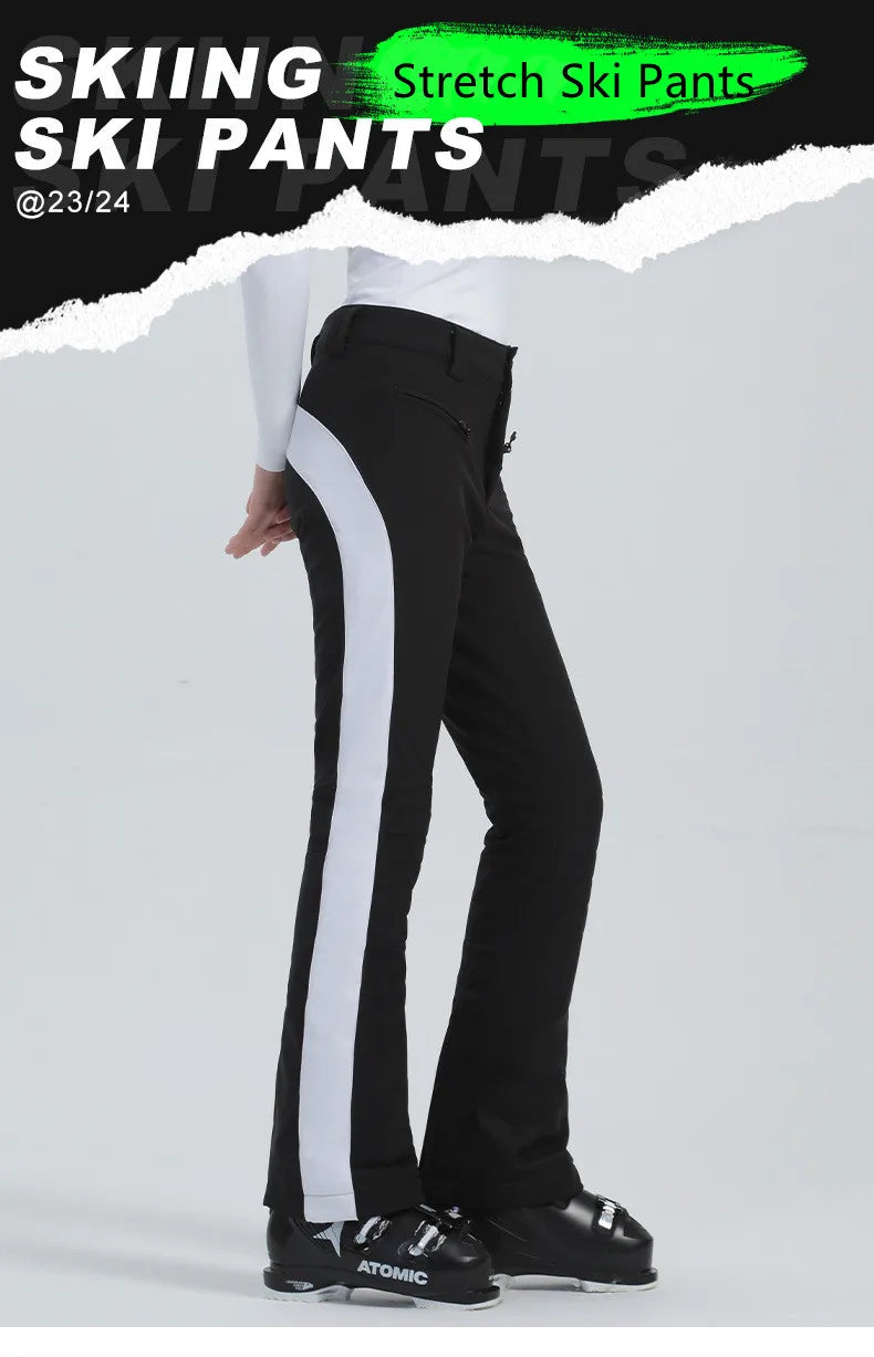 Women Ski Pant Elastic Snowboard Trouser Windproof Waterproof Breathable Thicken Thermal Zipper Snowboard Wear for Winter Sport