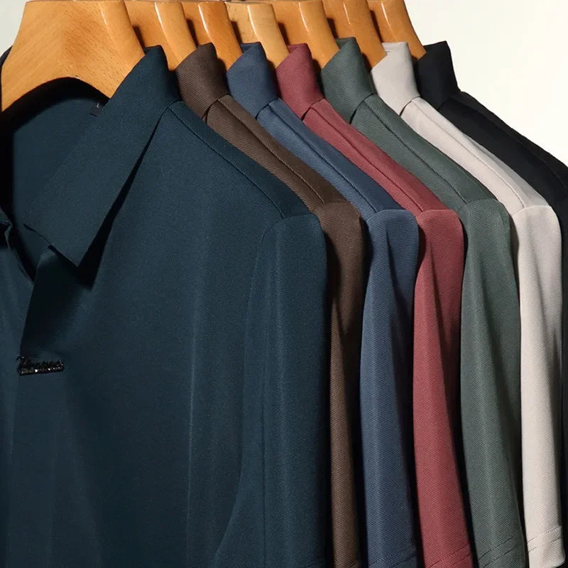 High End Mulberry Silk T-shirts Man Long Sleeve Tops Business Casual Elastic Non-iron Seamless Quality Luxurious Men Polo Shirts