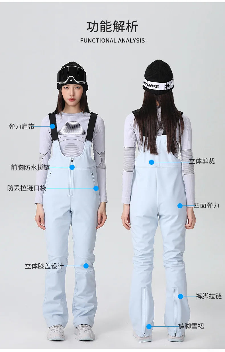 Xueyipai New Slim Fit Bib Ski Pants for Women Waterproof Four-Way Stretch Fleece-Lined Winter Double Board One-Piece Ski Pants
