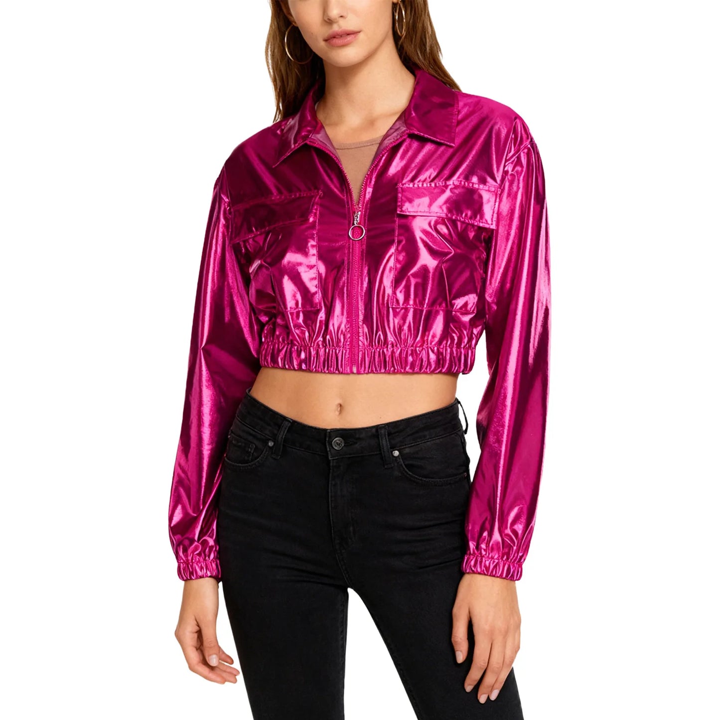 Womens Metallic Shiny Cropped Jacket Lapel Long Sleeve Front Zipper Chest Flap Pockets Crop Outerwear Biker Motor Jacket Tops