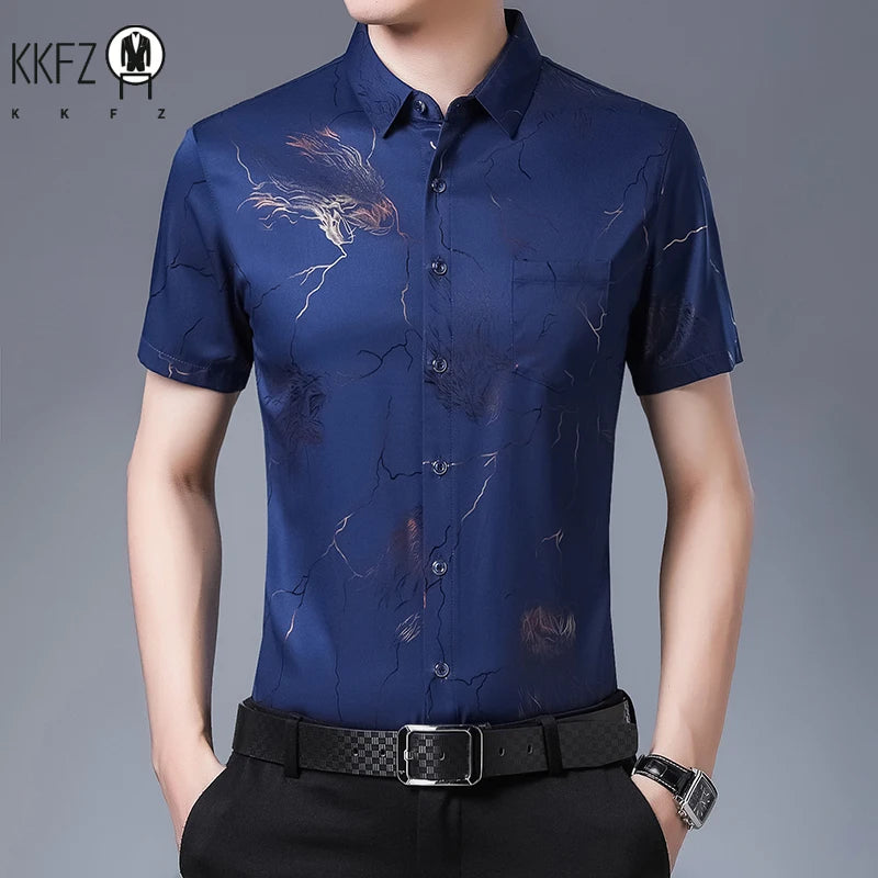 New Men's Casual Printed Short Sleeved Lapel Shirt for Summer Fashion Comfort No Ironing Wrinkle Resistant Top