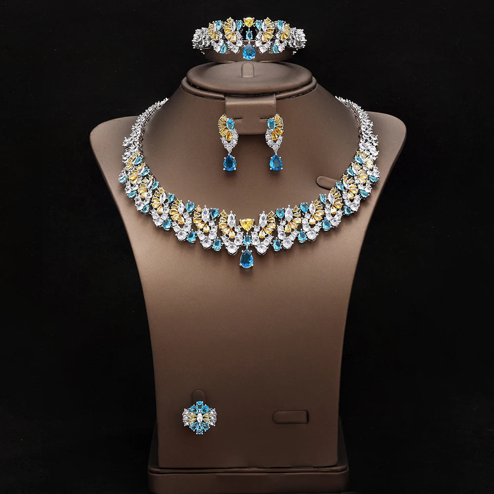 Luxury 4 Pieces Necklace Earrings Set Big Colorful CZ Zircon Wedding Bridal Jewelry Set Dubai Women Gift