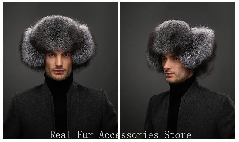 Hot high-end luxury fur hat Men's fox fur hat Lei Feng cap ear cap fur necessary hat Real fur hat 100% Sheepskin top fox hat