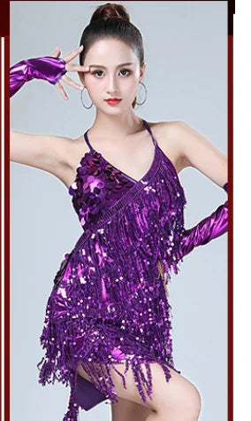1pcs/lot woman sequin tassel latin dancing dress sexy latin dress latin salsa dresses fringe dress