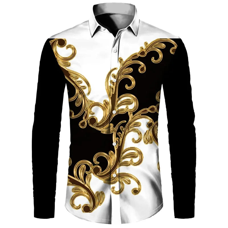 2024 New Luxury Golden Flower Chain 3D Print Men Long Sleeve Shirt Casual Mens Designer Clothing Streetwear Lapel Button Shirts