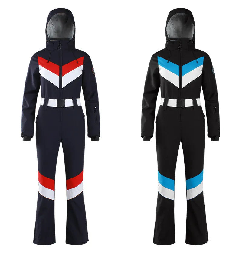 Women One Piece Ski Suit Winter Snowboard Jumpsuit Waterproof Windproof Thicken Hooded Outdoor Sport Wear for Mountain Hiking
