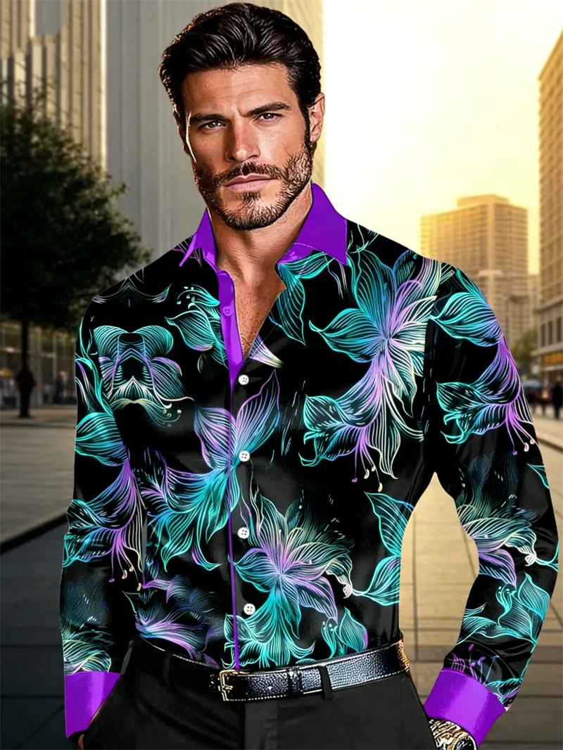New men's long sleeved shirt casual fashion 3D petal print high-quality shirt single breasted long sleeved top