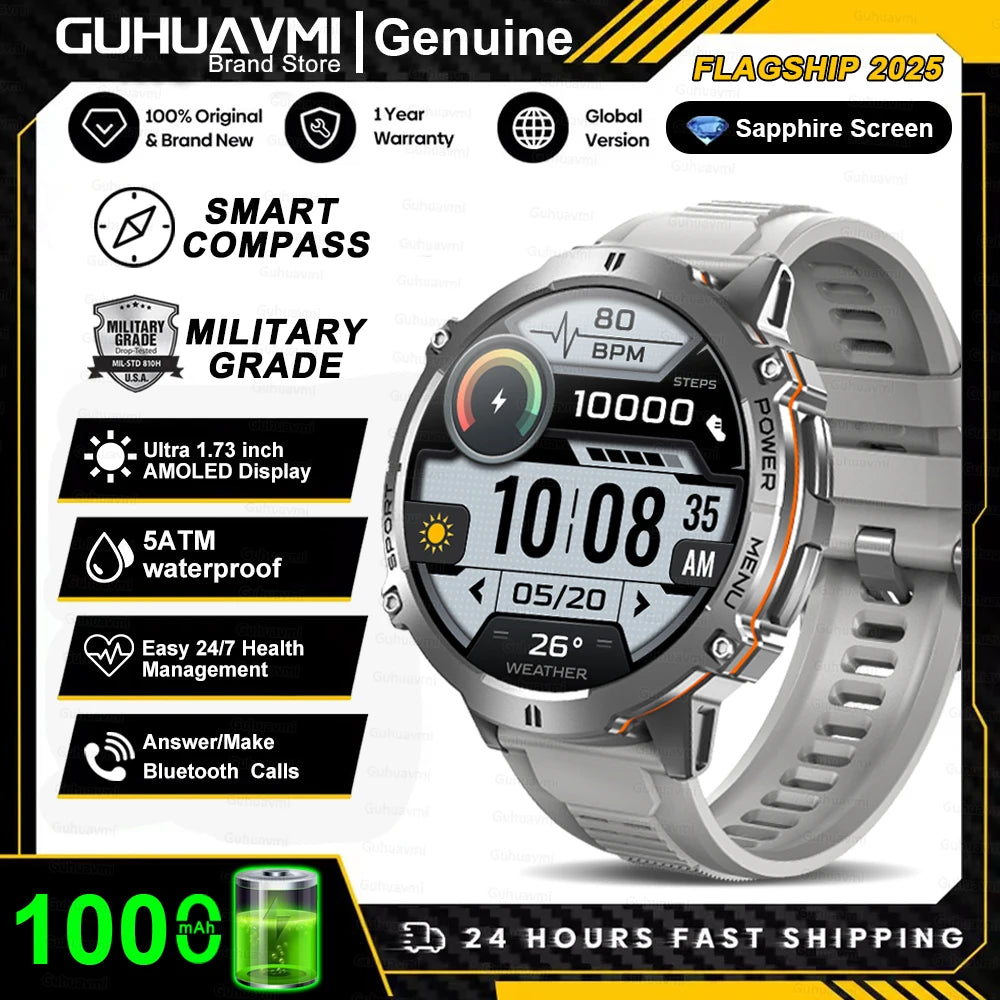 New Outdoor 1000mAh Battery Men Adult Smart Watch GPS Compass Altimeter 10ATM Waterproof Heart Rate BT Call Sport Man Smartwatch