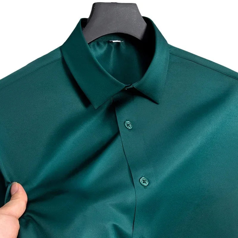Summer shirt, men's white glossy non ironing shirt, men's wrinkle resistant ice silk casual high-end seamless business shirt