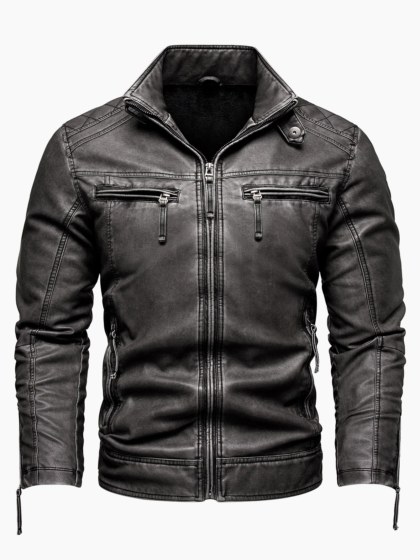 Men's Vintage Thickened Jacket Multi-Pocket Jacket, Stand-Up Collar Motorcycle Clothing, Casual PU Leather Jacket