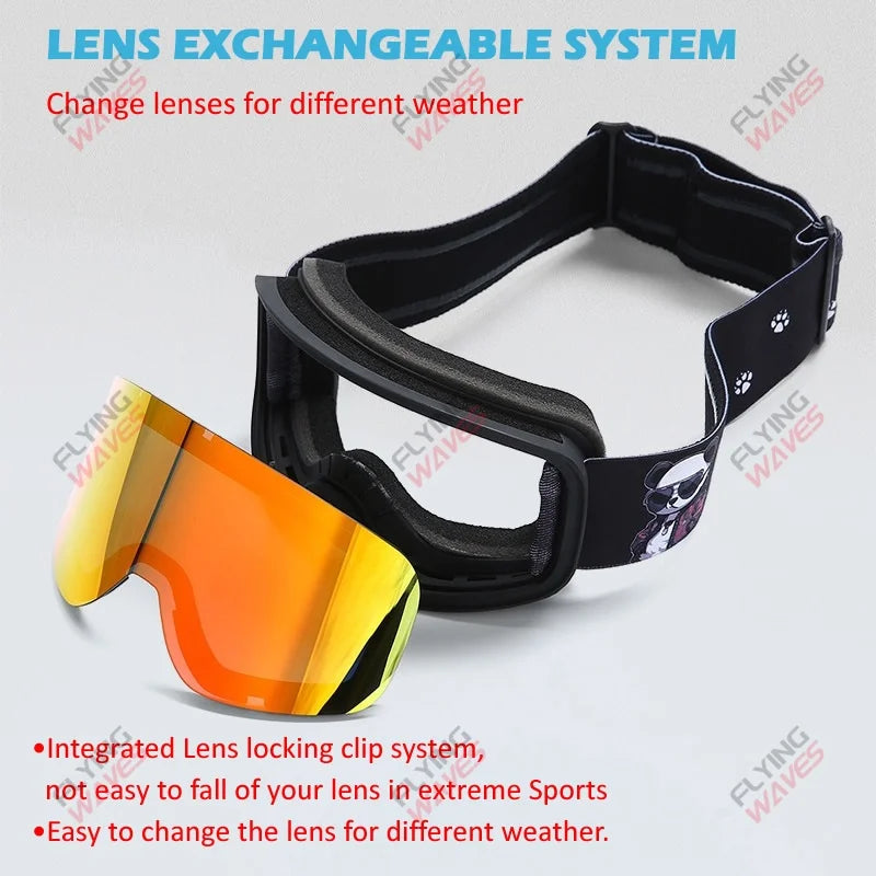 Kids Full REVO Coating OTG Ski Goggles Double-Layer Lens Anti-Fog Windproof UV Protection Snowboard Snow Glasses for Girls Boys