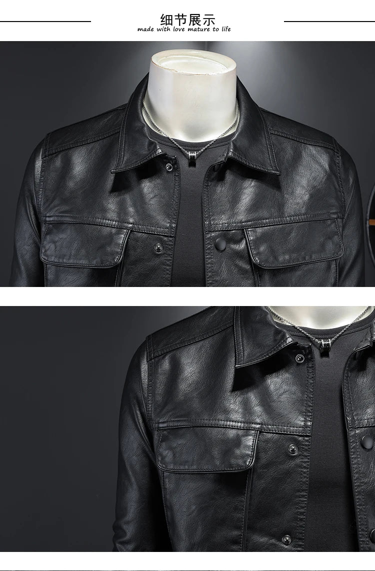 2024 Autumn and Winter New Men's Fashion Handsome with Solid Color Boutique Lapel Motorcycle Leather Coat Slim Fashion  M-5XL