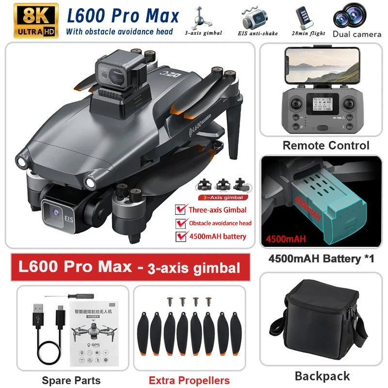 New L600 PRO MAX/PRO GPS Drone 5KM 4K Professional HD Dual Camera 3-Axis Gimbal 360° Obstacle Avoidance Brushless Quadcopter Toy