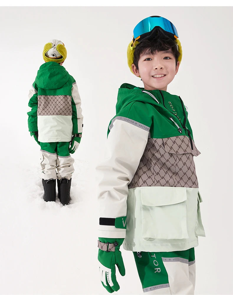 VECTOR Ski Wear Children Hooded Sweater Reflective Boys and Girls Ski Wear Thickened Warmth Waterproof Ski Equipment Ski Jacket