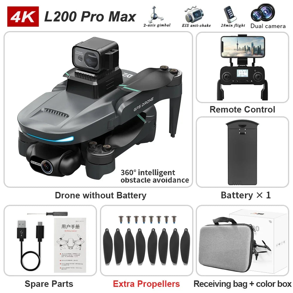 L200 PRO MAX Drone 4K Professional EIS Camera 2-Axis Gimbal 360° Obstacle Avoidance Brushless Motor GPS Quadcopter FPV RC Drones
