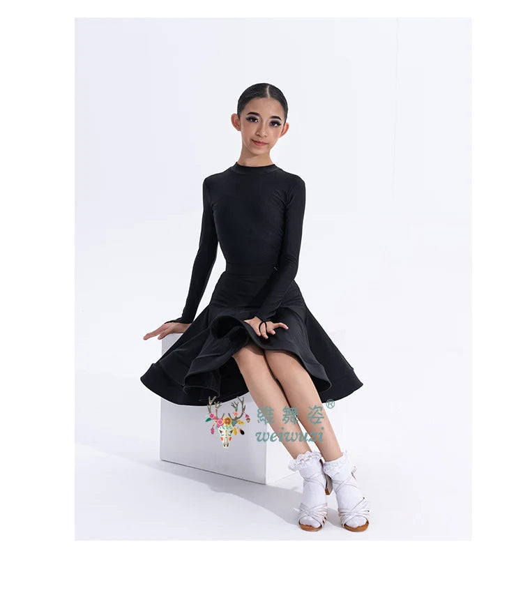 Girls Latin Dance Competition Clothing Glossy Fabric Long Sleeves Dance Dress Kids Cha Rumba Dance Practice Training Wear