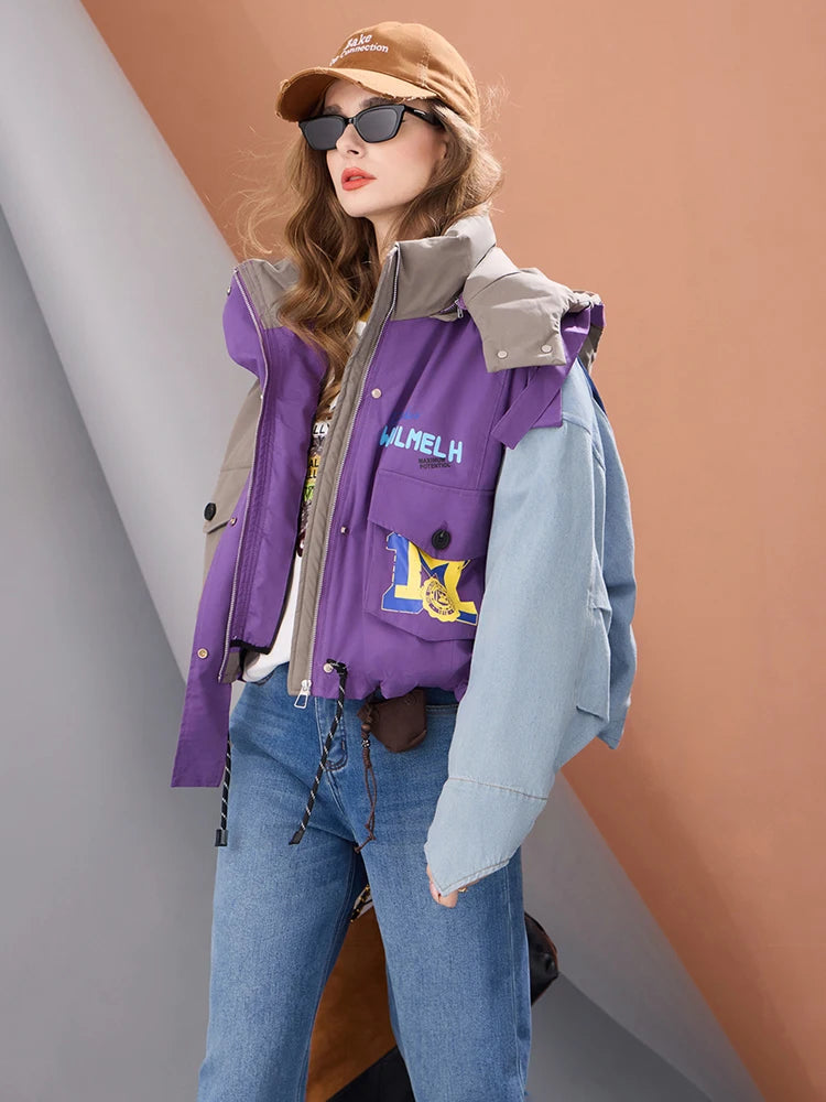 Women Short Puffer Jacket Hooded Thick Warm Winter Coat Color Block Denim Sleeve Streetwear Oversized Fashion Down Outerwear