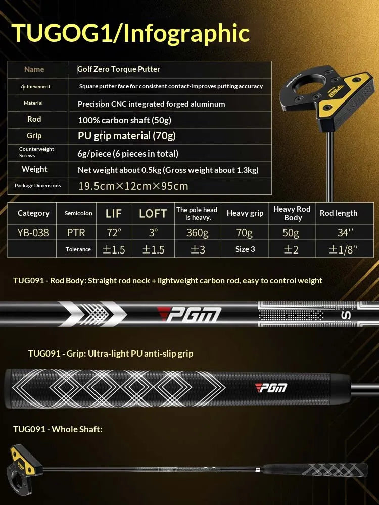 PGM Golf Club Zero Torque Putter Male Female Stable Big Head Forged Aluminum Low Center of Gravity with Ball Picking Aiming Line