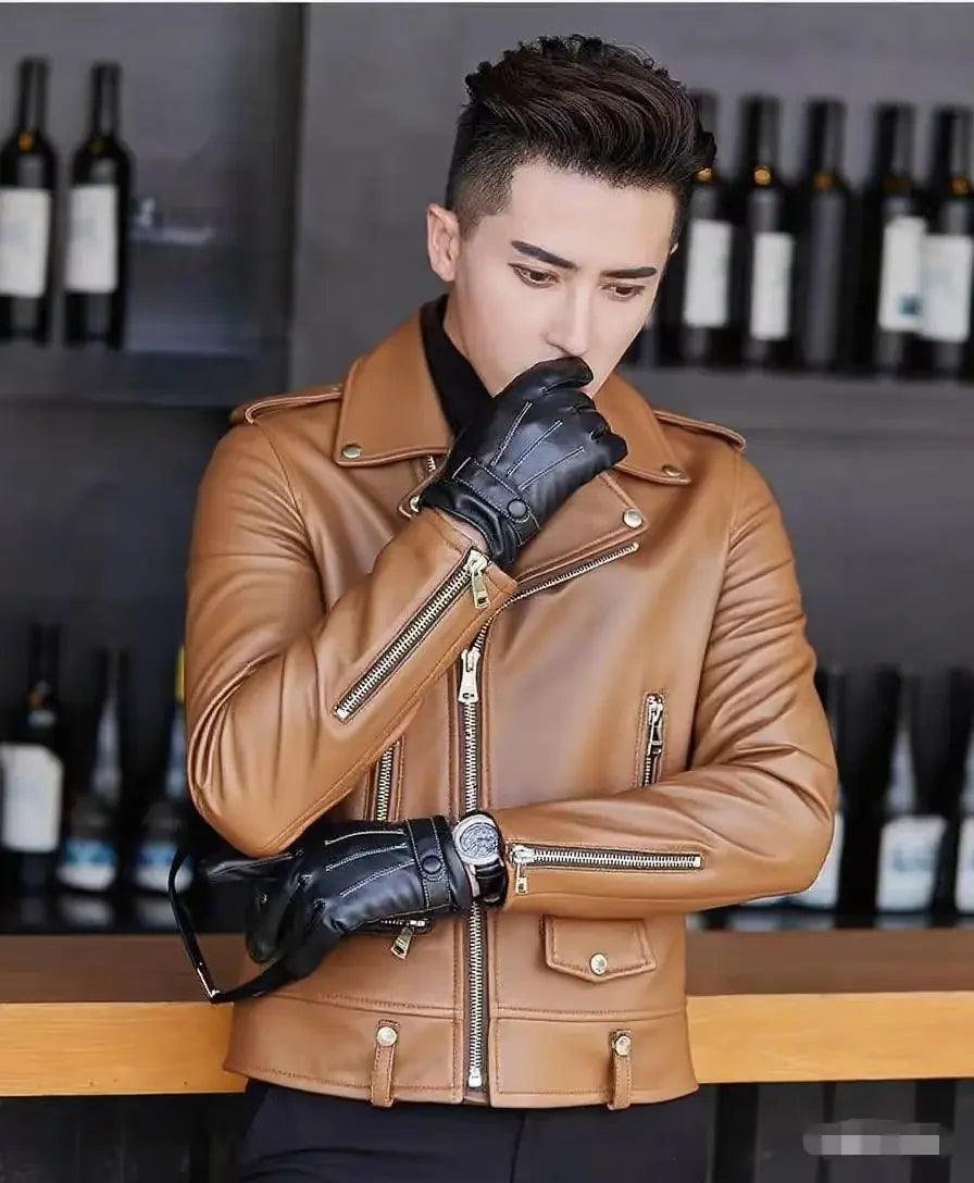 Men's Slim Fit PU Leather Jacket Fashionable Motorcycle Style Spring Autumn Korean Version Casual Outerwear Male Biker Coat