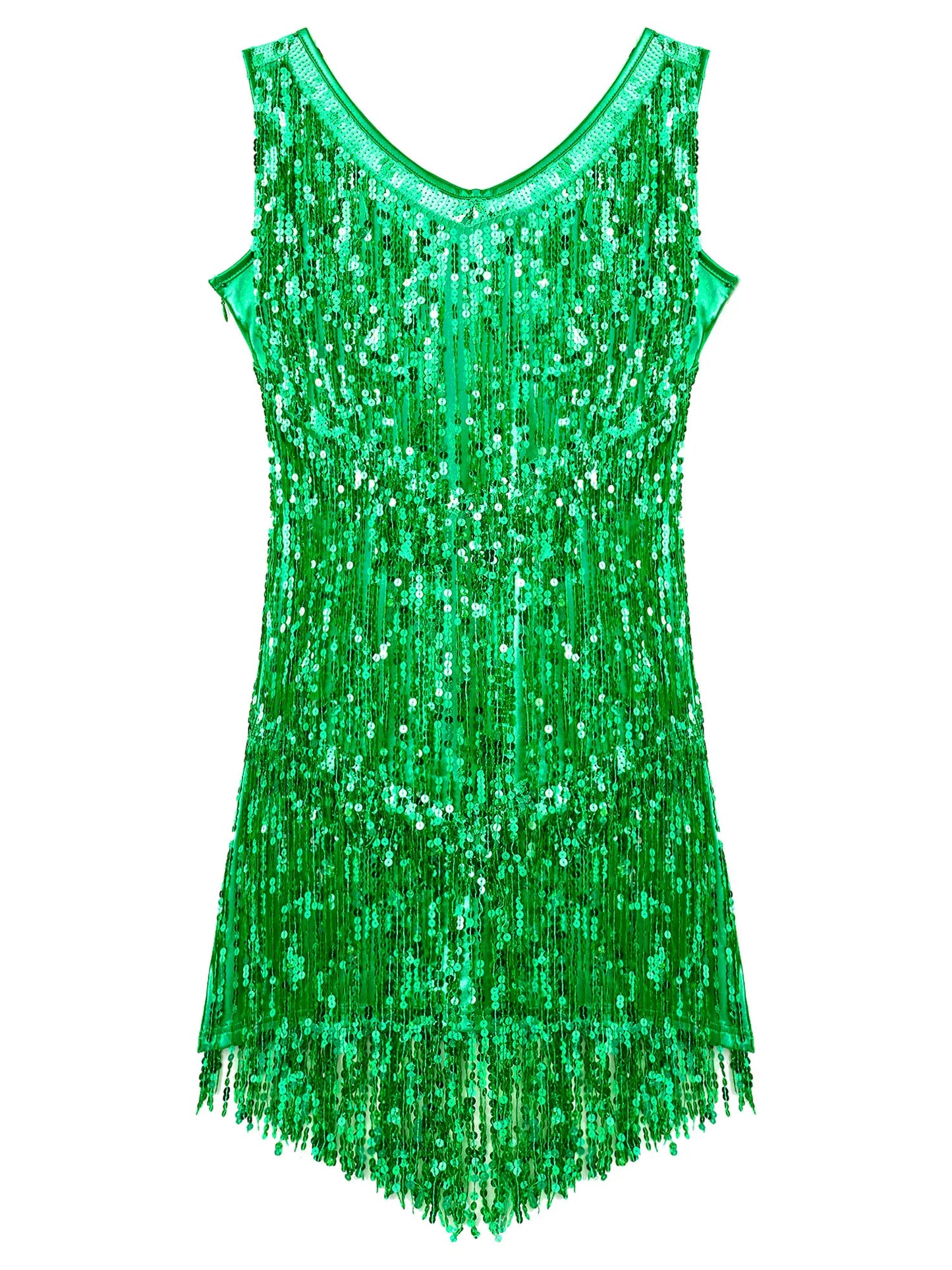 Women Latin Dress Shiny Sequin Sleeveless Tassels Fringed Dress Tango Samba Rumba Ballroom Salsa Jazz Dance Performance Costume