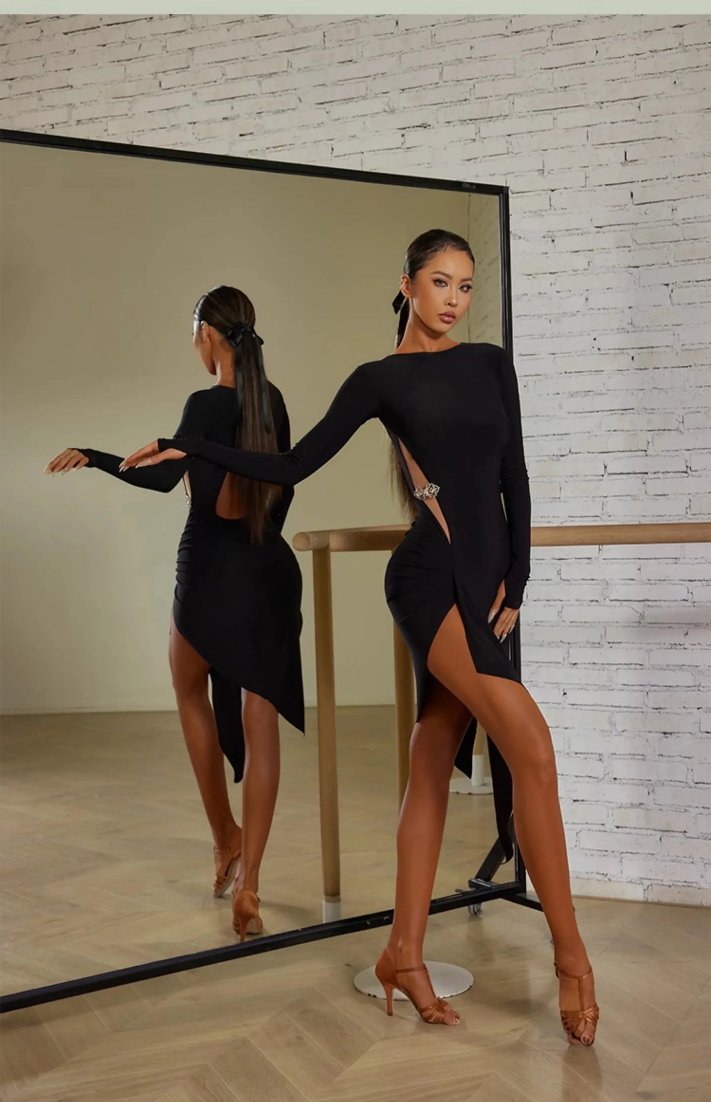 Women Black Long Sleeves Dress Adult Tango Dance Clothes Rumba Ballroom Dance Dress Practice Wear ZYM Latin Dance Dress