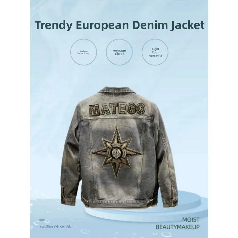 Faionable Retro Motorcycle Jaet Men's Light Colored Embroidered Denim Coat Sli Casual Cotton Polyester Blend Outerwear