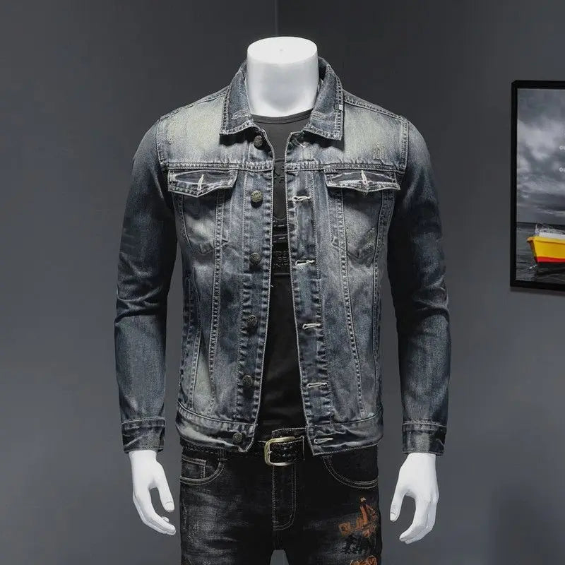 2025 Men's Autumn Winter Brand Casual Cotton Jacket with American Retro Motorcycle Embroidered Street Fashion Grey Jeans Coat