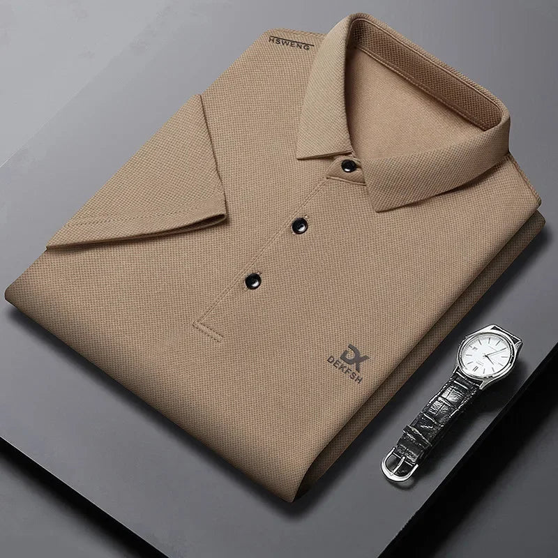 New Men's Business Casual Short Sleeved Shirt with Badge Solid Color Polo Shirt Fashionable Breathable Comfortable Versatile Top