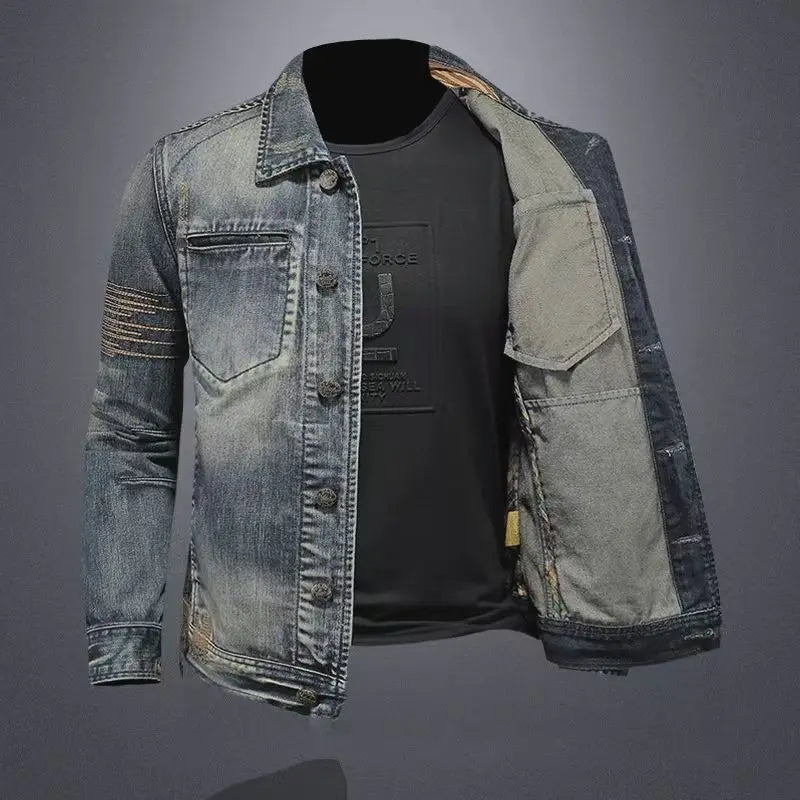 2025 Men's Autumn Winter Brand Casual Cotton Jacket with American Retro Motorcycle Embroidered Street Fashion Grey Jeans Coat