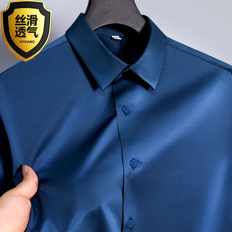 Summer shirt, men's white glossy non ironing shirt, men's wrinkle resistant ice silk casual high-end seamless business shirt