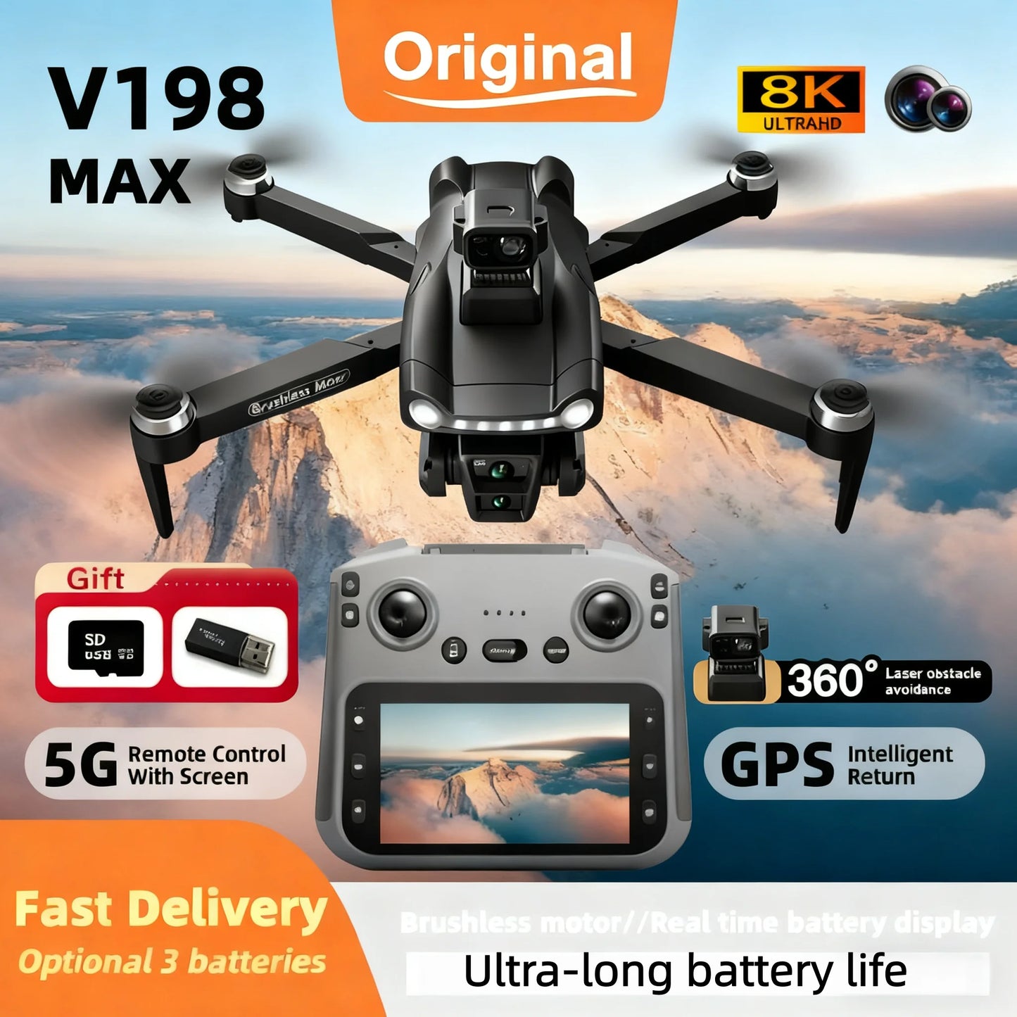 Original V198MAX GPS Return Drone 5G 8K HD Dual Camera Dron Remote With Screen Laser Obstacle Avoidance Drone RC Toys Gifts FPV