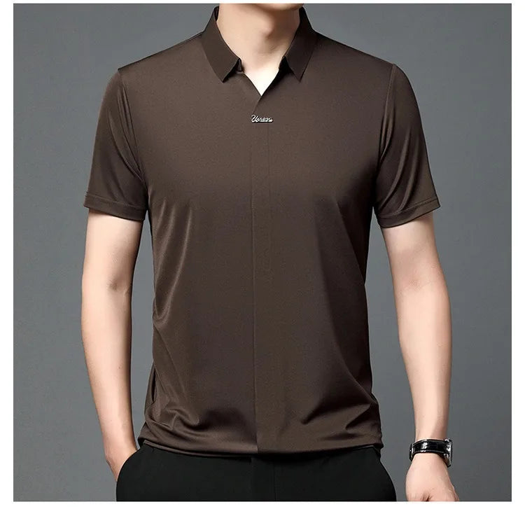 High End Mulberry Silk T-shirts Man Long Sleeve Tops Business Casual Elastic Non-iron Seamless Quality Luxurious Men Polo Shirts