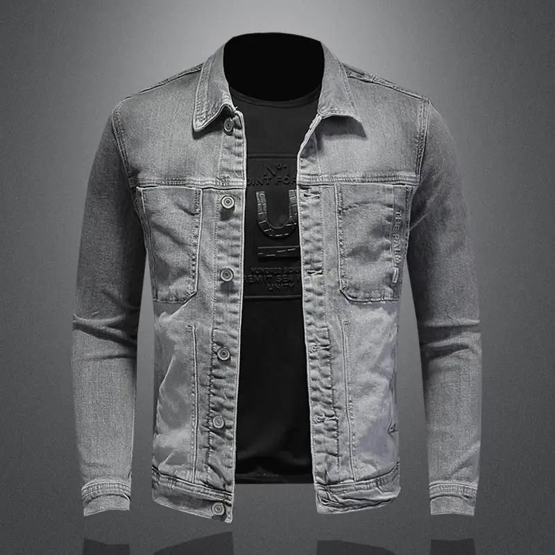 2025 Men's Autumn Winter Brand Casual Cotton Jacket with American Retro Motorcycle Embroidered Street Fashion Grey Jeans Coat