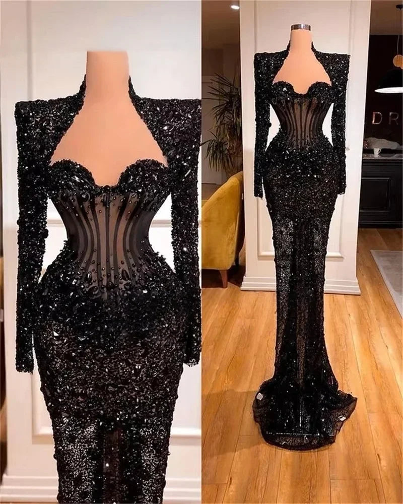 Black Prom Dresses Haute Couture Long Sleeves Sequins Crystals Saudi Arabia Dubai Robe De Soiree Evening Dress Gown Customized