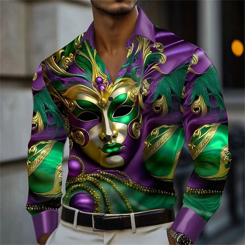 Men's Carnival Themed Feather Mask Print Long-Sleeve Shirt, Fashionable Street Style Party Casual Loose Fit Men's Top XS-6XL
