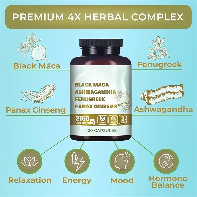 Black Maca Root, Ashwagandha, Panax Ginseng, Fenugreek Capsules, Male Enhancing Supplement Natural 4-in-1 Organic Original