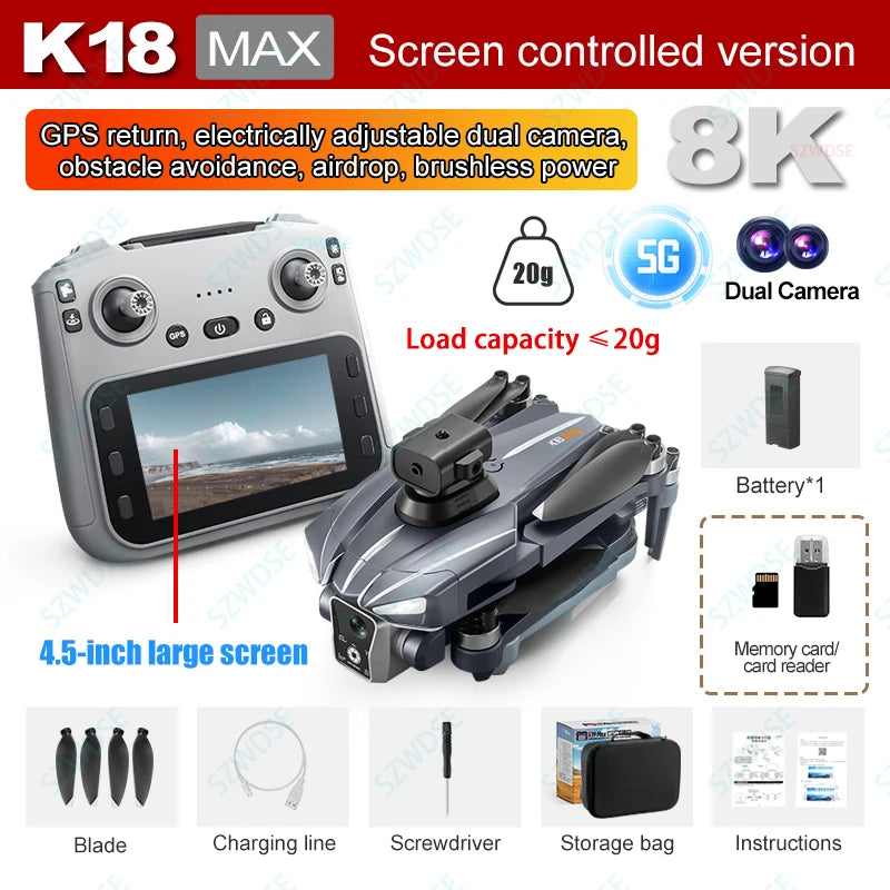 NEW K18Max 8K Professional Camera Drone 360° Laser Obstacle Avoidance 5G GPS Brushless Motor With Screen Remote Control Drone