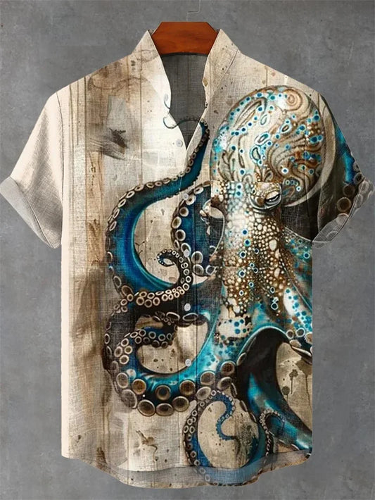 New Hawaiian Style Vintage Octopus Pattern Short Sleeve Men's Shirt Loose Breathable Fashionable Linen Top