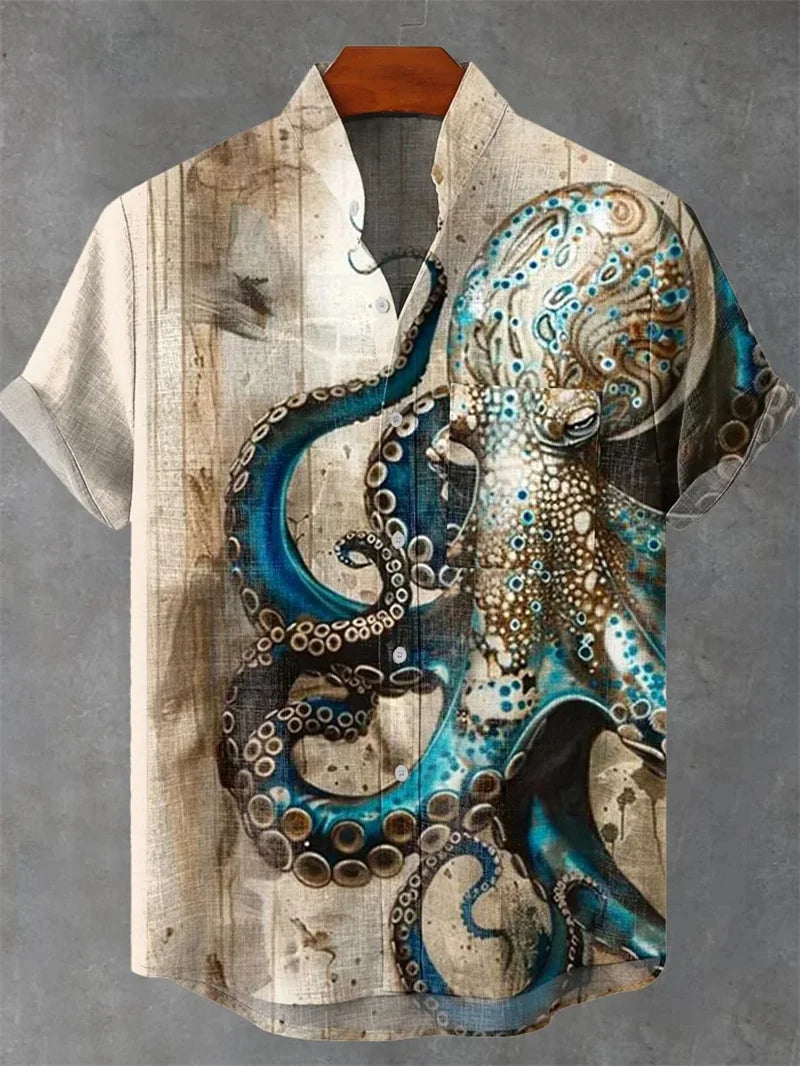 New Hawaiian Style Vintage Octopus Pattern Short Sleeve Men's Shirt Loose Breathable Fashionable Linen Top