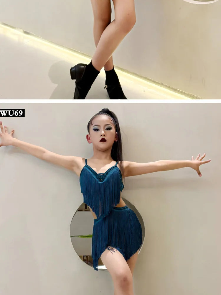 Latin american Dance velvet feather Long Dress Girls Kids Samba Salsa Cha Cha Rumba Tango Children Competition Ballroom Dresses